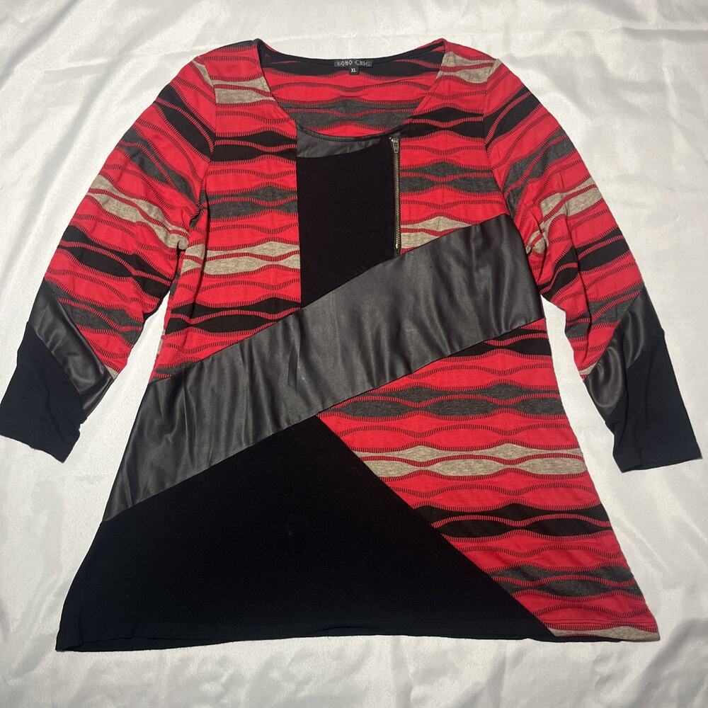 Boho Chic Womens XL Tunic Top Pullover Artsy Boho Asymmetric Lagenlook Red USA